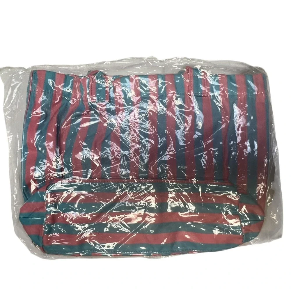Tote Bag Large Pink Blue Striped PVC Waterproof Beach Shopping Errand New